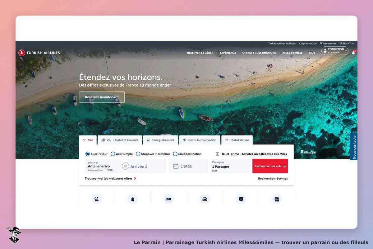 Turkish Airlines Miles&Smiles : turkish Airlines : page d'accueil avec une image de plage et un