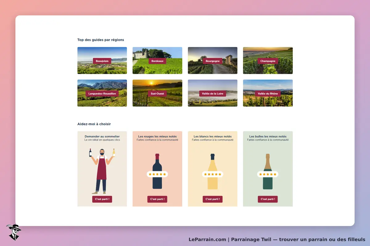 Twil : page d'accueil avec des guides de vin par région et des options de choix de vin