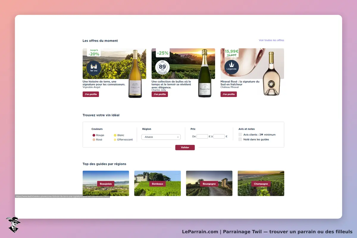 Twil : offres de vins avec options de filtrage par couleur, région et prix. Images de bouteilles