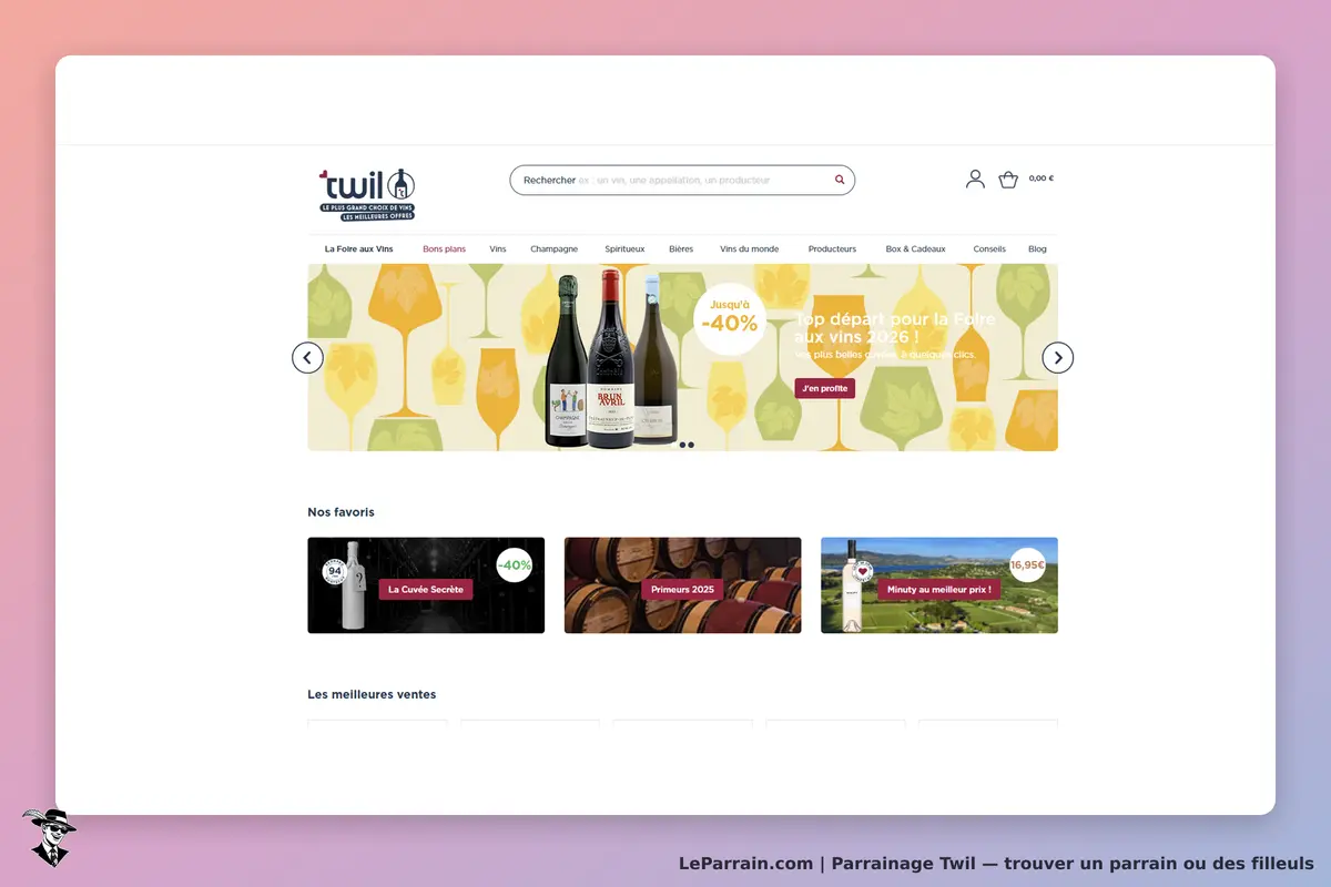 Twil : page d'accueil avec des bouteilles de vin et des promotions en cours