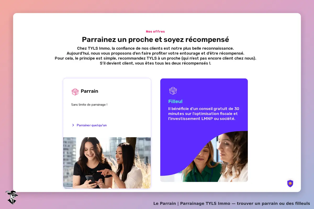 TYLS Immo : section parrainage avec explications et images de personnes interagissant
