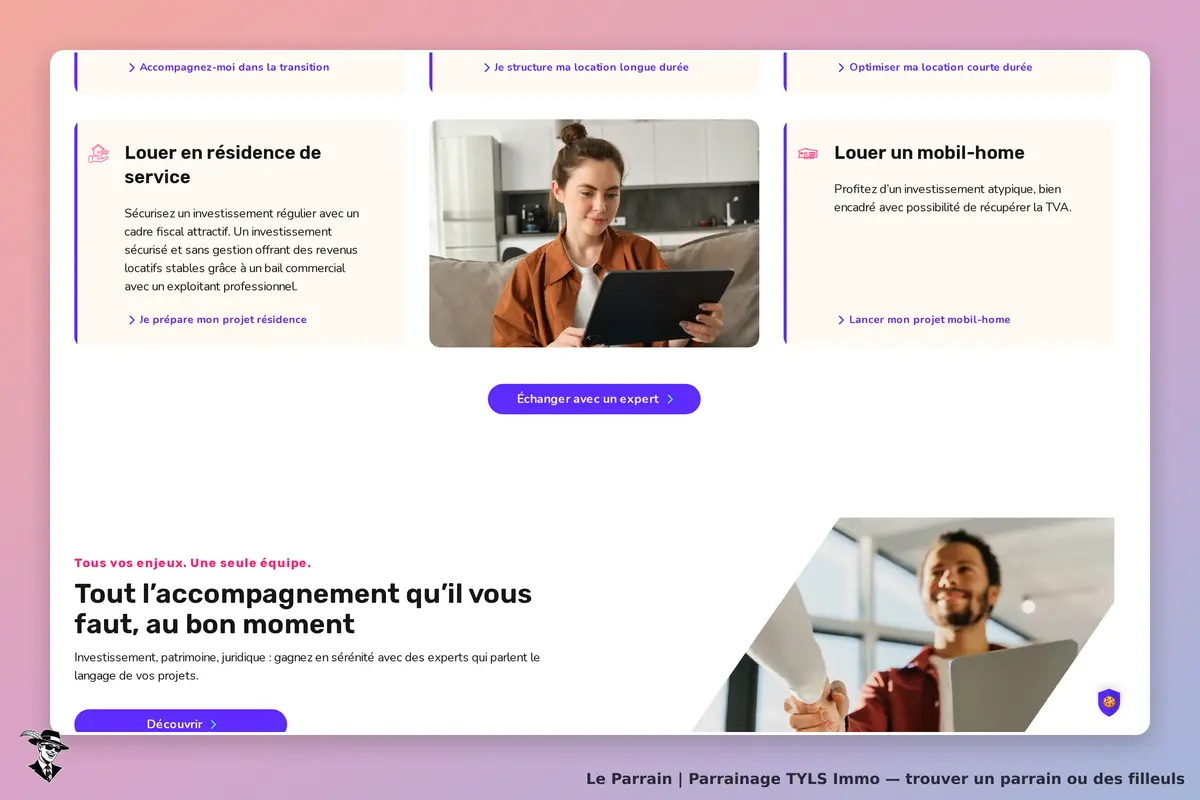 TYLS Immo : page d'accueil avec services de location et images d'experts en immobilier