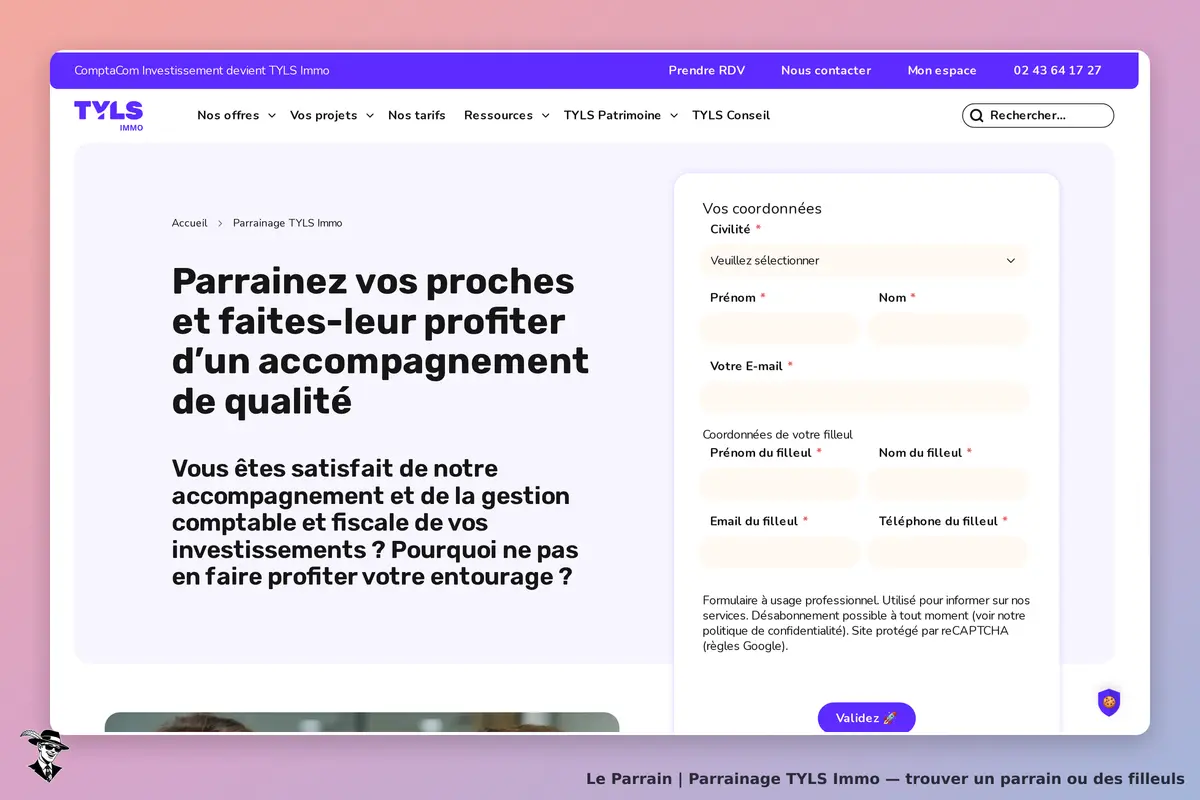 TYLS Immo : page de parrainage avec formulaire de coordonnées à remplir