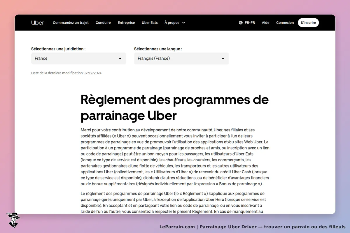 Uber Driver : uber : règlement des programmes de parrainage avec options de sélection de langue et
