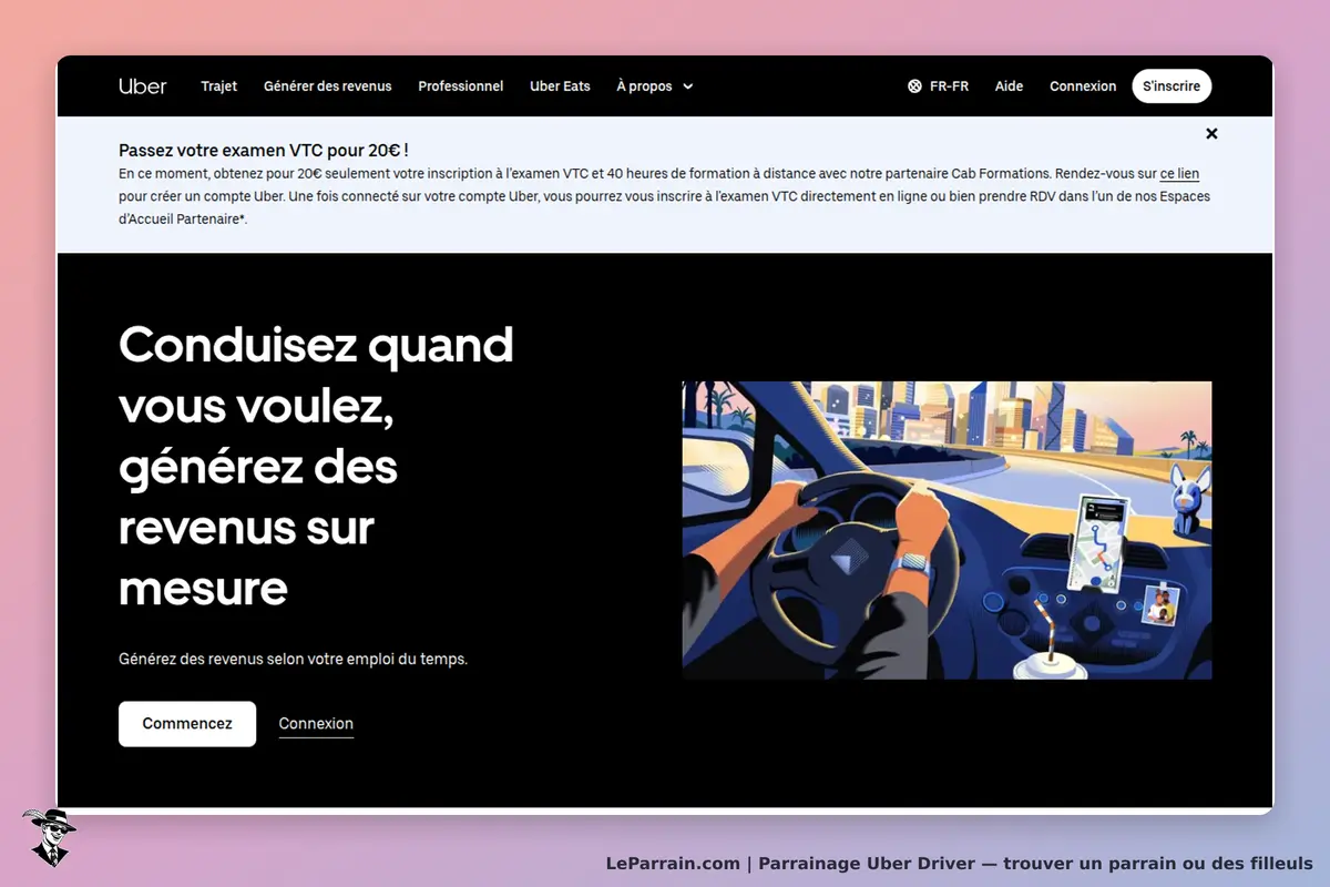 Uber Driver : uber : page d'accueil avec un conducteur et des informations sur le travail VTC