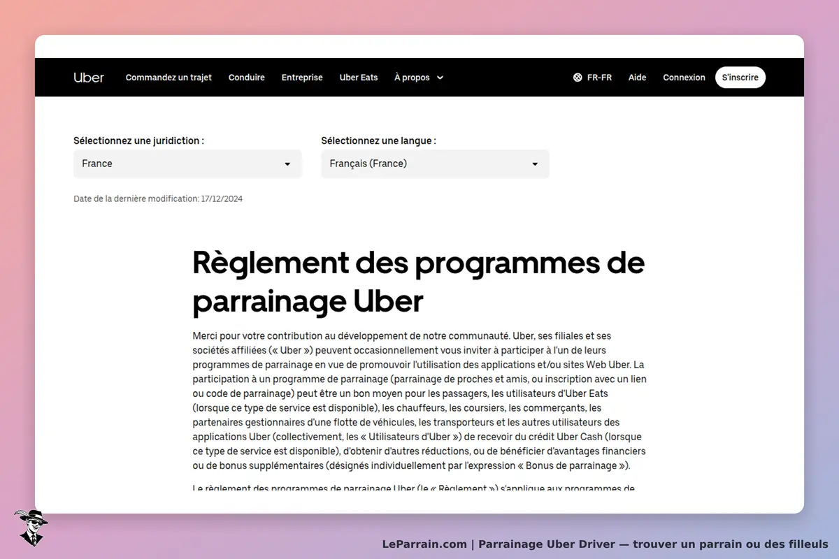 Uber Driver : uber : règlement des programmes de parrainage avec choix de juridiction et de langue