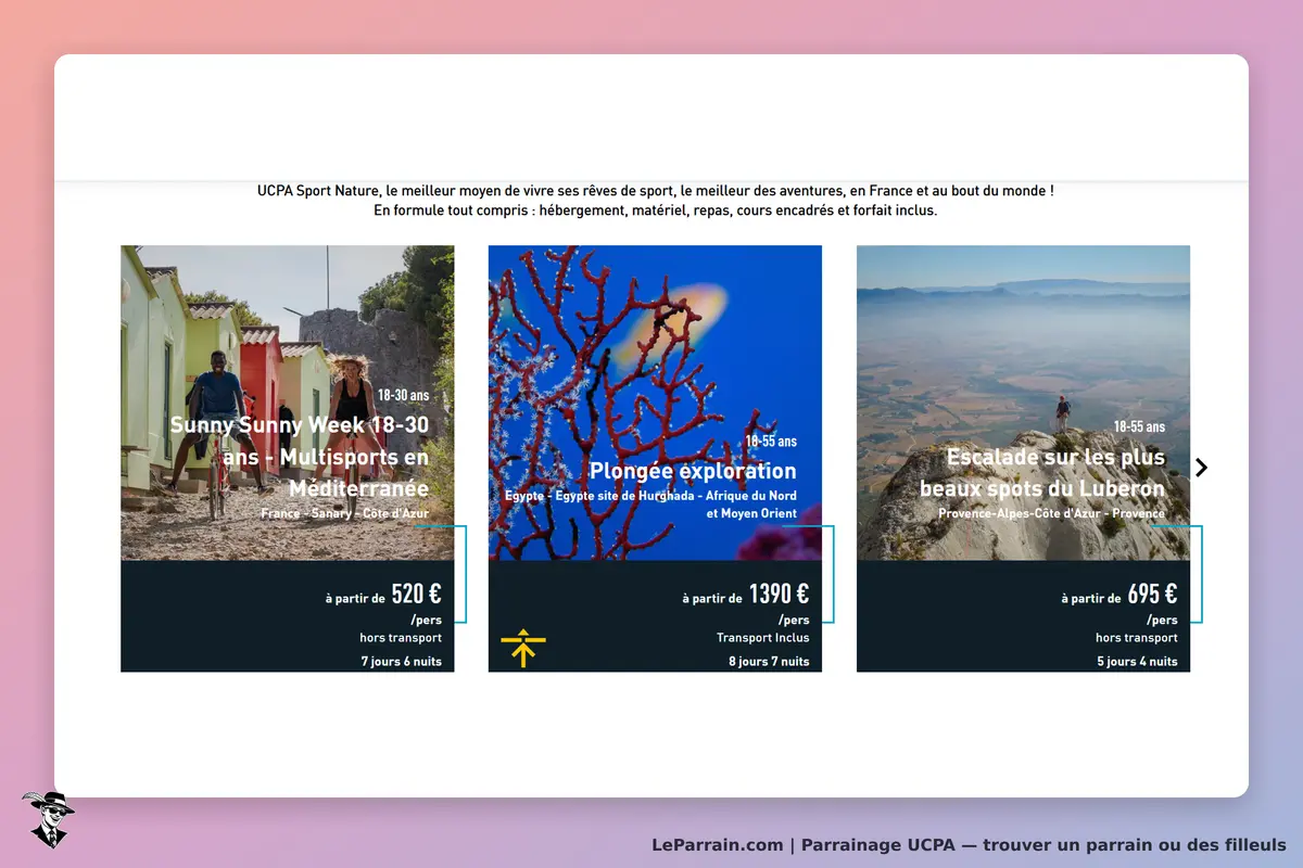 UCPA : trois activités sportives affichées avec images et détails sur les séjours proposés