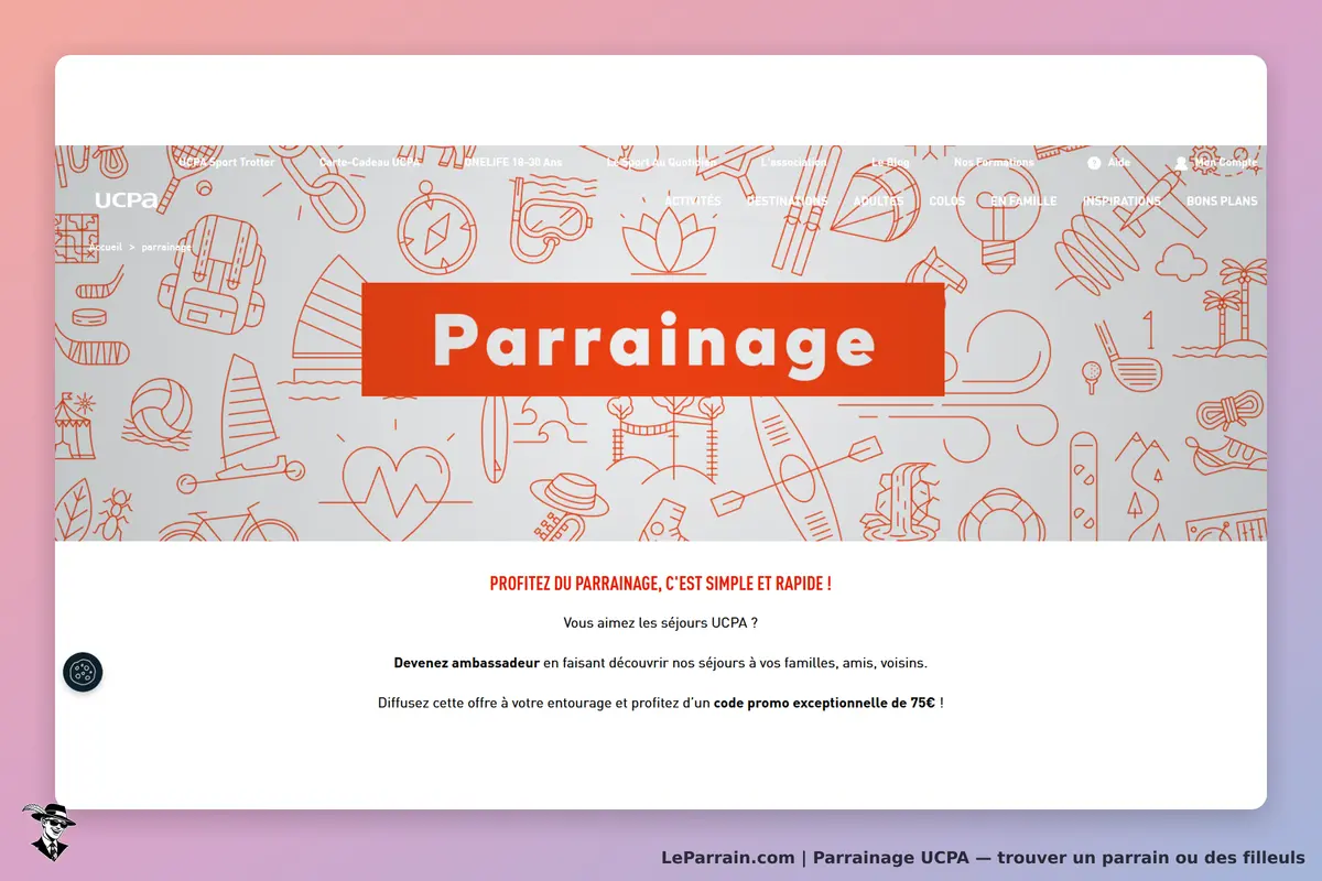 UCPA : page d'accueil sur le parrainage avec texte explicatif et illustration d'activités