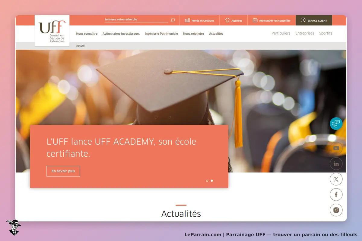 UFF : page d'accueil avec un message sur UFF ACADEMY et une image de chapeau de diplômé