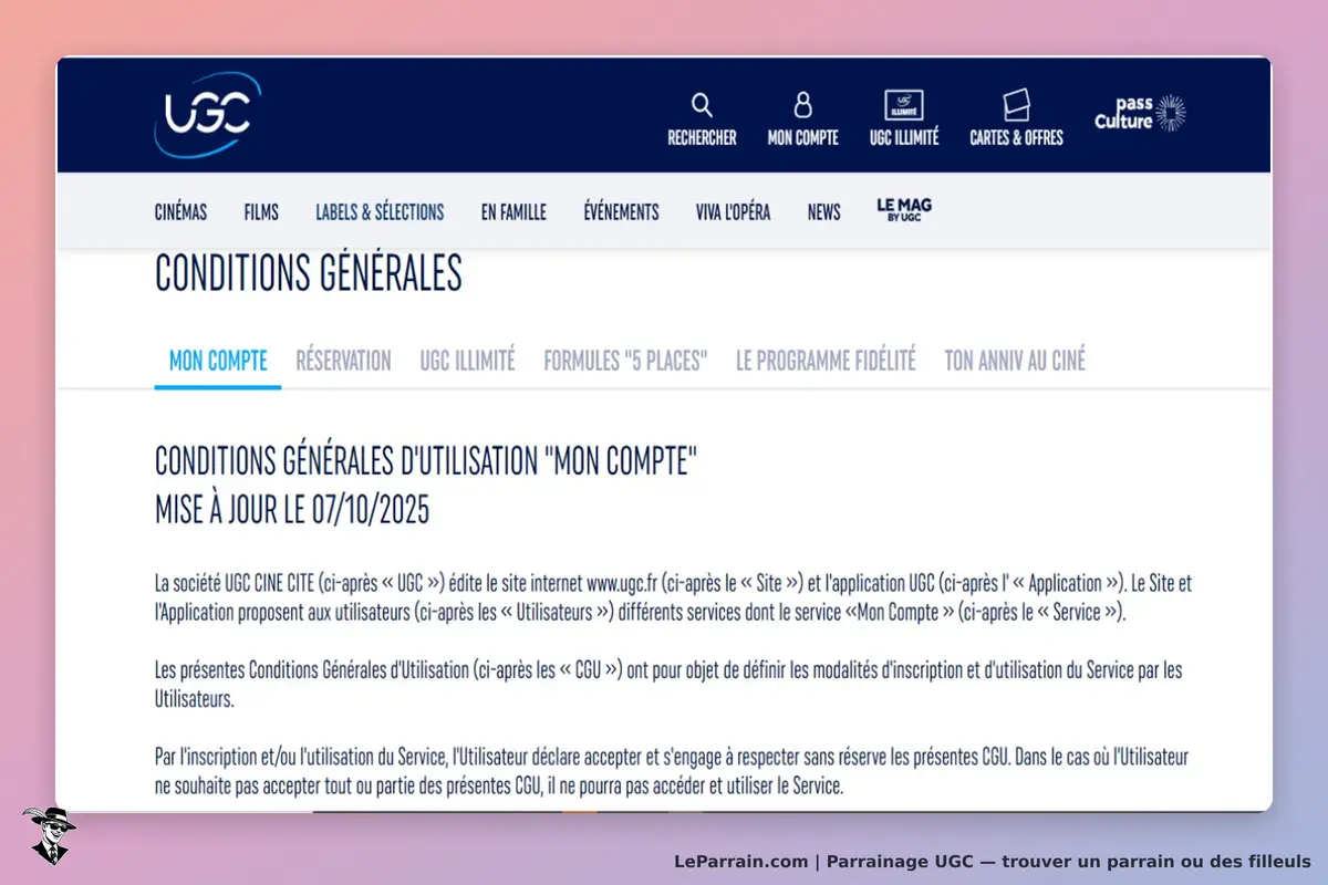 UGC : page des conditions générales d'utilisation "Mon Compte" mise à jour au 07/10/2025