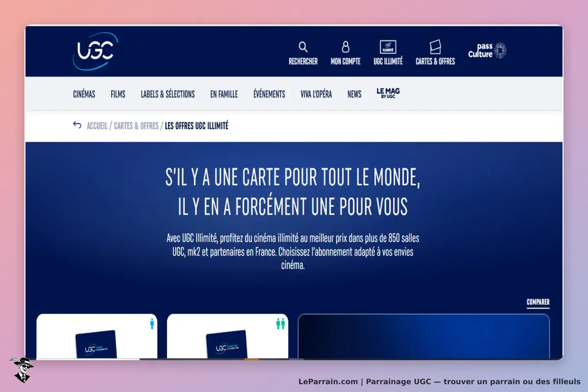 UGC : page d'accueil présentant les offres UGC Illimité avec texte et cartes d'abonnement