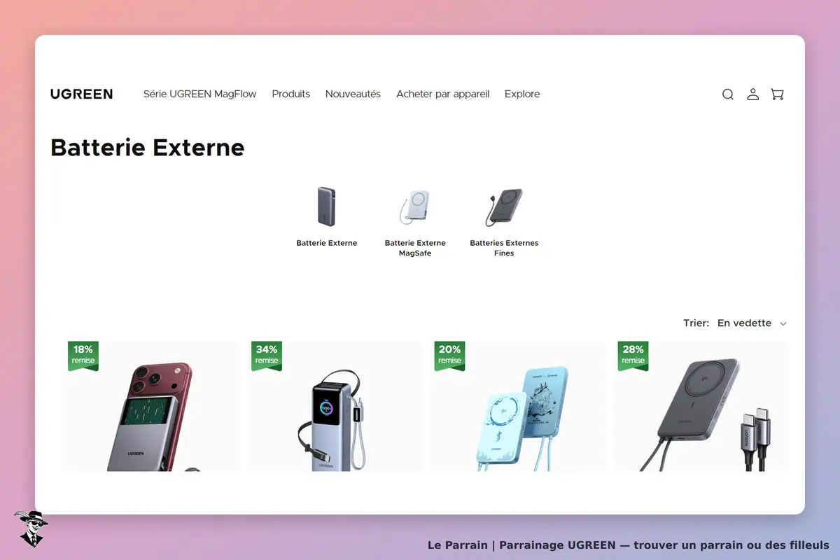 UGREEN : page présentant divers modèles de batteries externes avec remises affichées