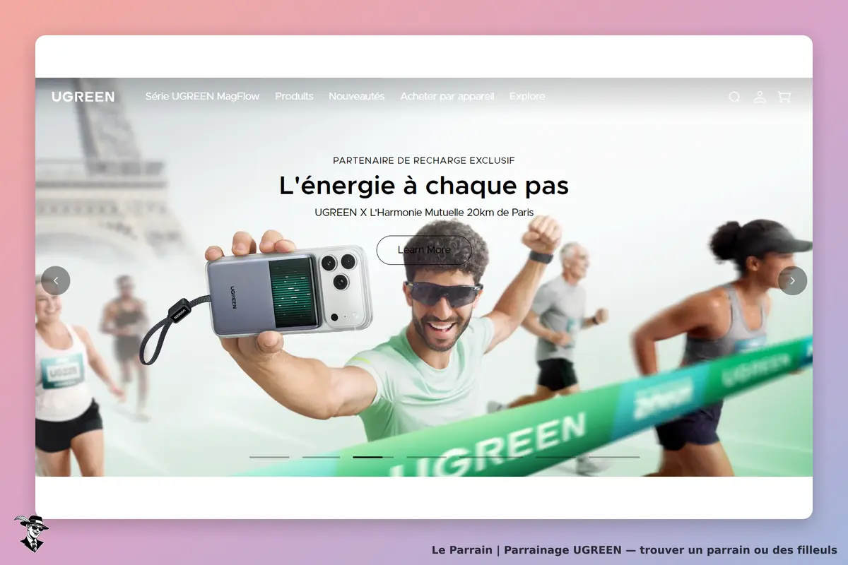 UGREEN : page d'accueil avec un smartphone et des coureurs lors d'un événement sportif