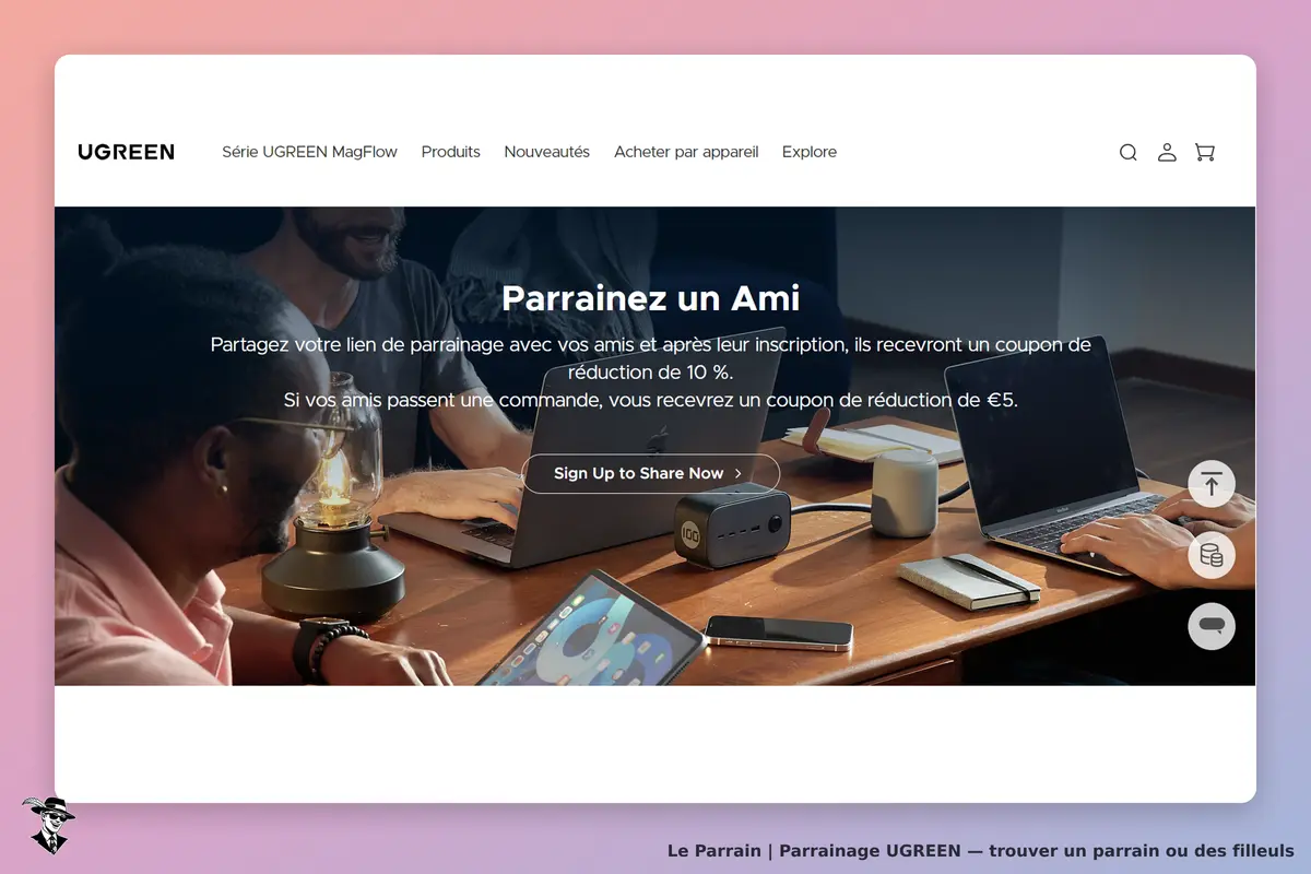 UGREEN : page d'accueil avec des personnes autour d'une table et un message de parrainage