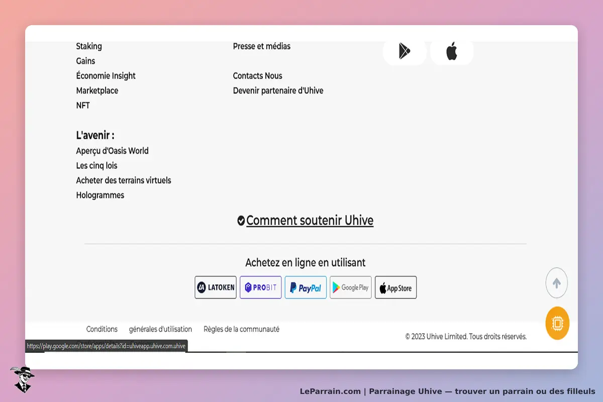 Uhive : menu avec options, informations sur le soutien et logos de paiement en bas de page