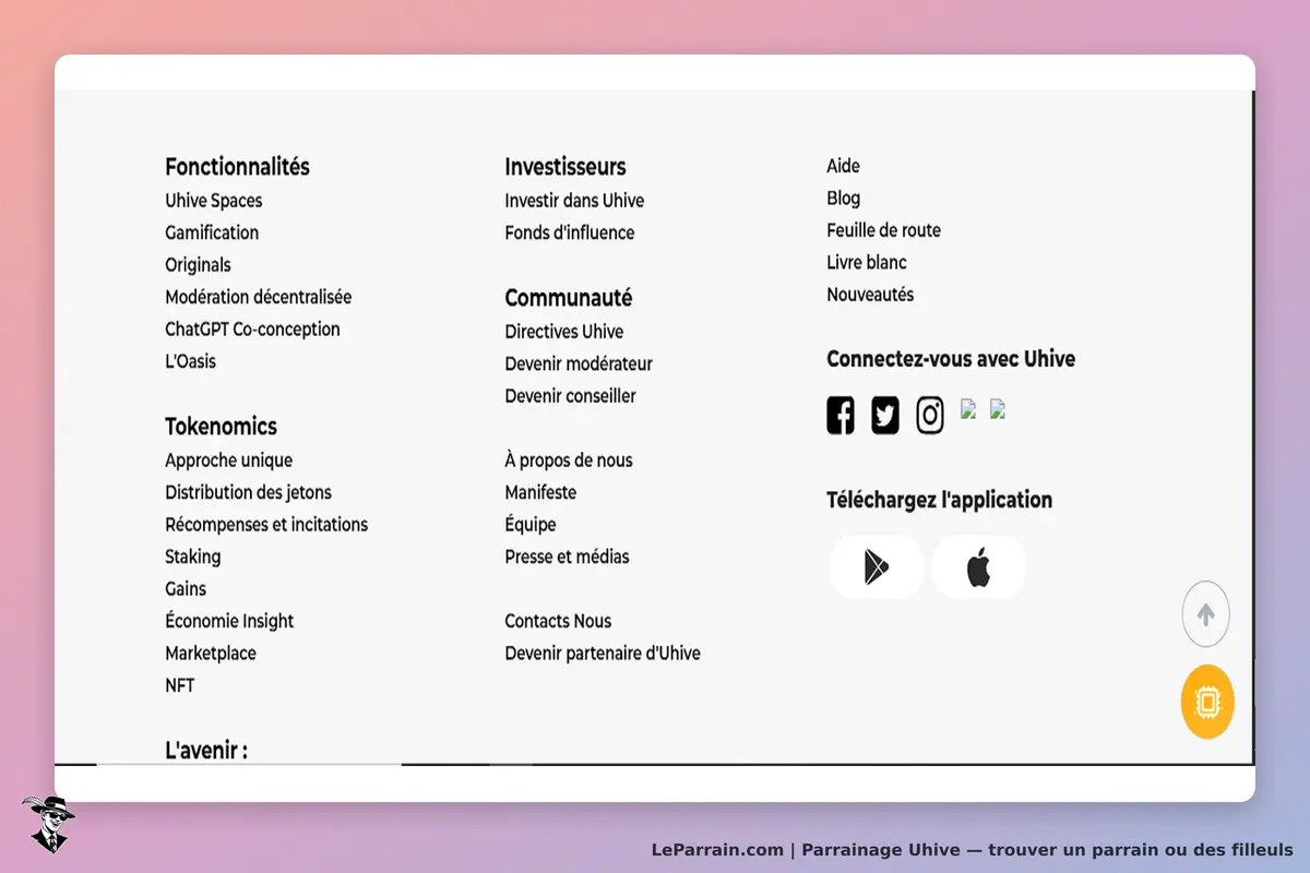 Uhive : menu avec fonctionnalités, communauté, investisseurs et liens vers réseaux sociaux