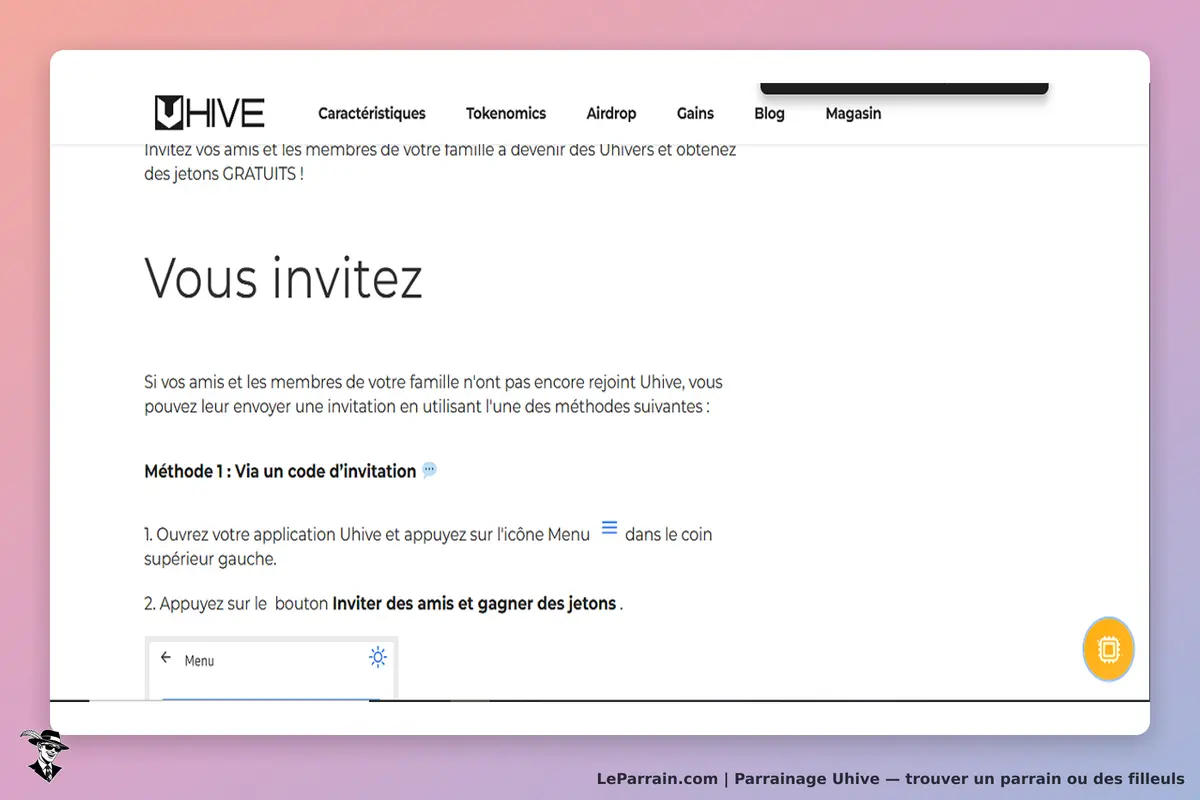 Uhive : page d'accueil avec instructions pour inviter des amis et gagner des jetons