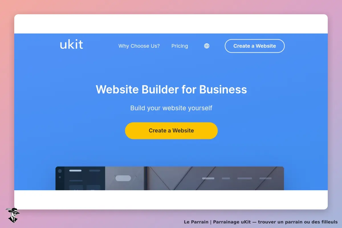 uKit : page d'accueil présentant un constructeur de sites web avec un bouton "Create a Website"