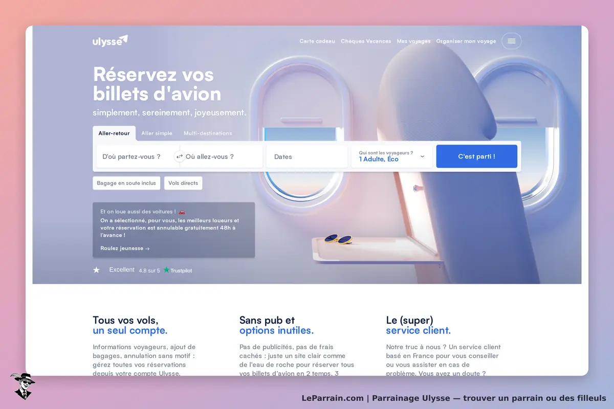 Page d'accueil Ulysse pour réserver des billets d'avion facilement et sereinement.