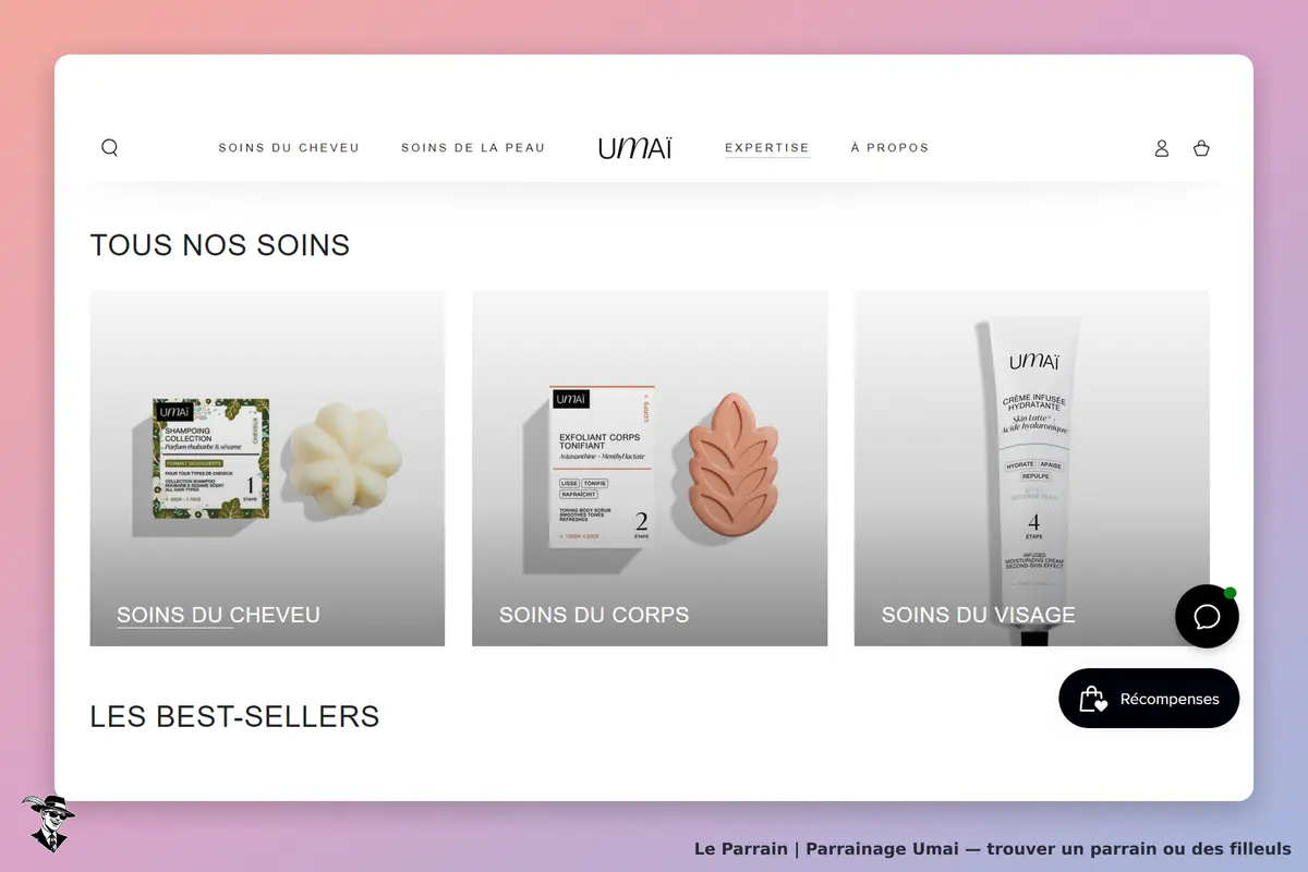 Umai : affichage des soins pour cheveux, corps et visage avec produits en vedette