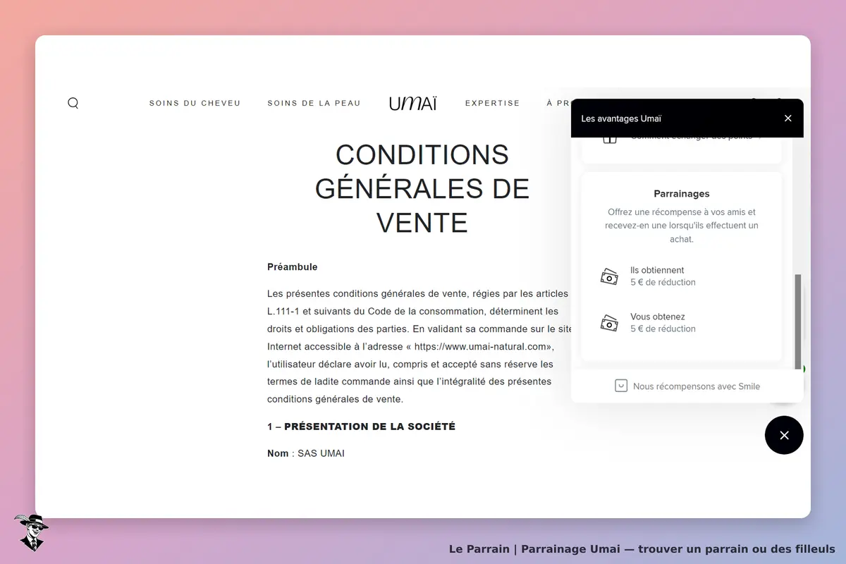 Umai : conditions générales de vente avec un encadré sur les avantages du parrainage