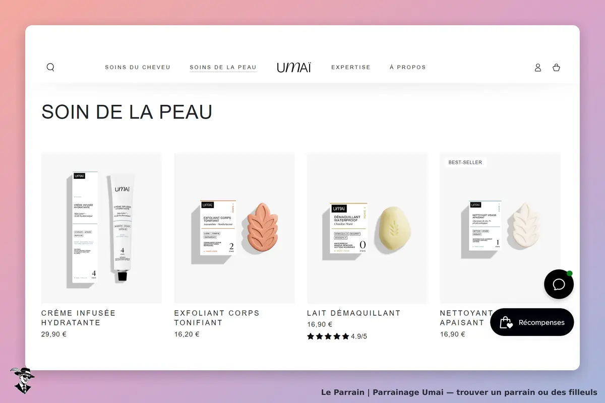 Umai : page dédiée aux soins de la peau avec plusieurs produits affichés