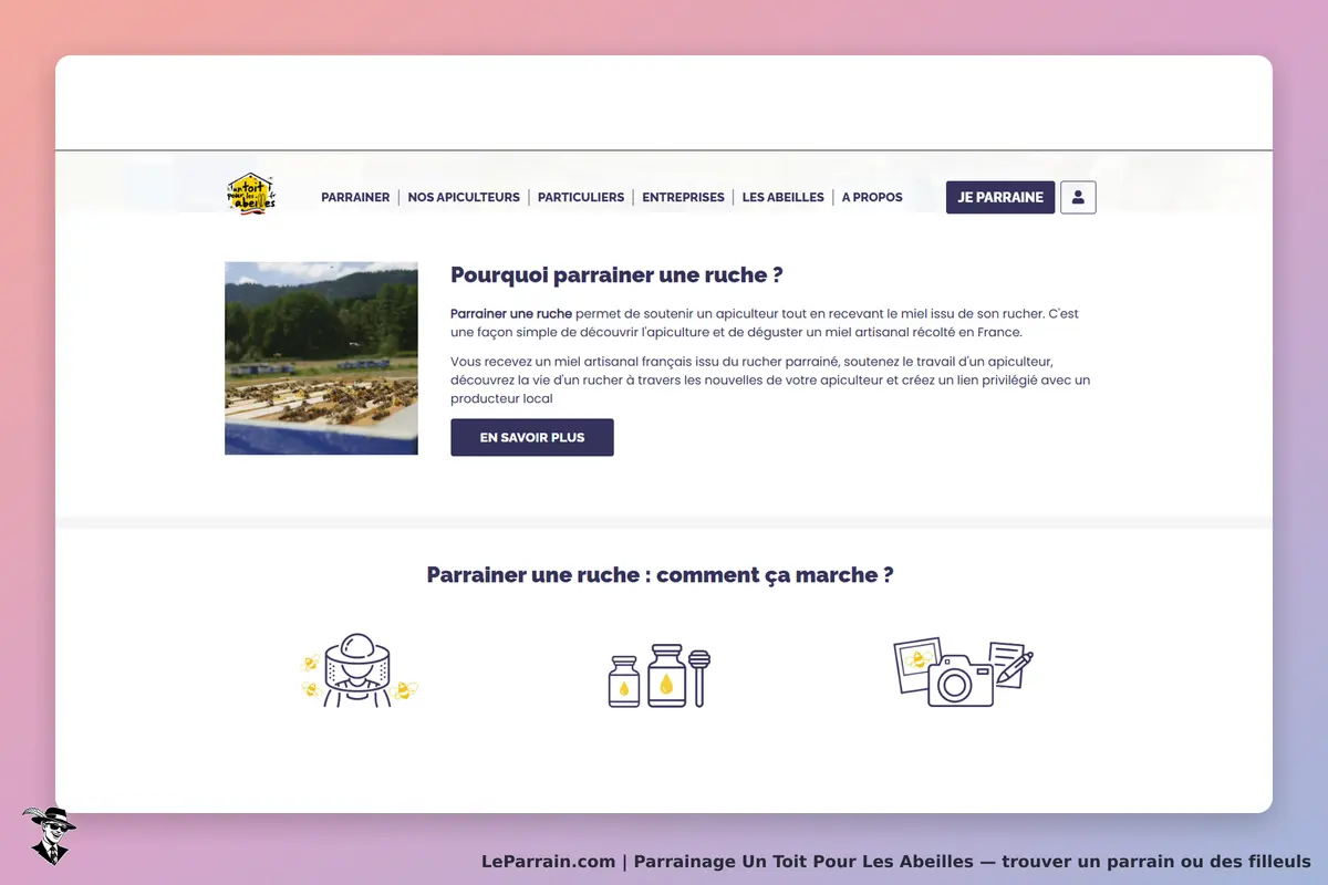 Un Toit Pour Les Abeilles : page d'accueil présentant le parrainage de ruches et des illustrations