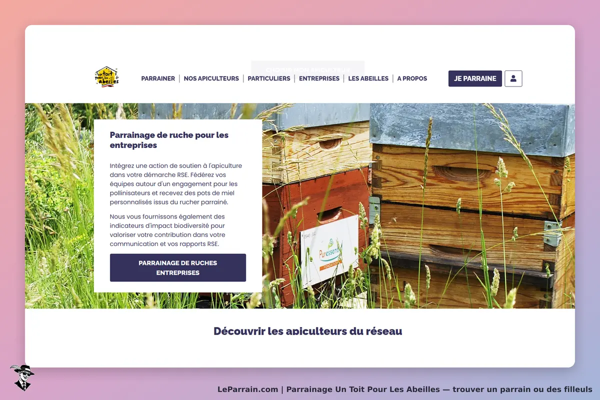 Un Toit Pour Les Abeilles : page d'accueil présentant des ruches et un texte sur le parrainage