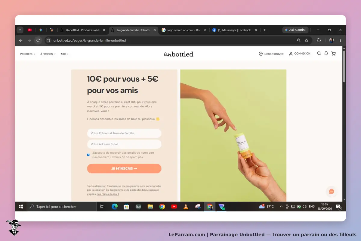 Unbottled : page d'accueil avec formulaire d'inscription et produit en main sur fond vert