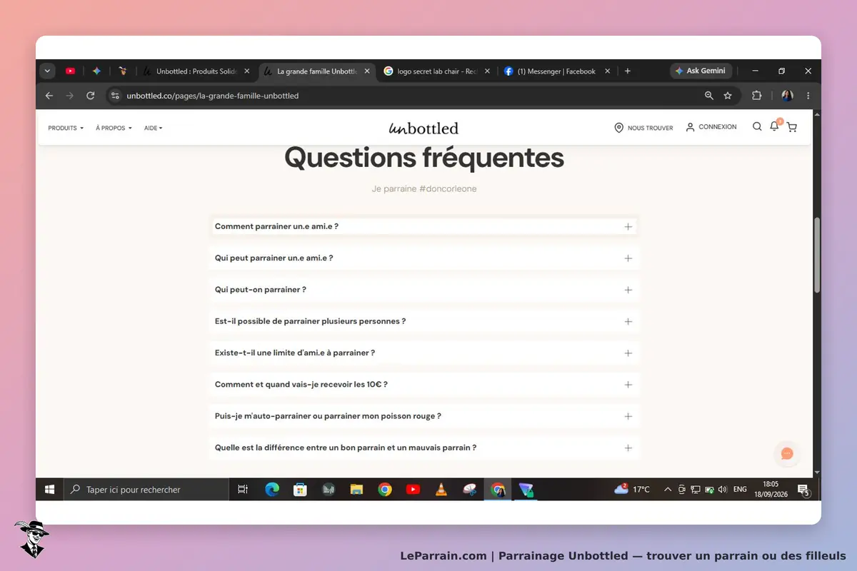 Unbottled : page des questions fréquentes avec plusieurs questions sur le parrainage