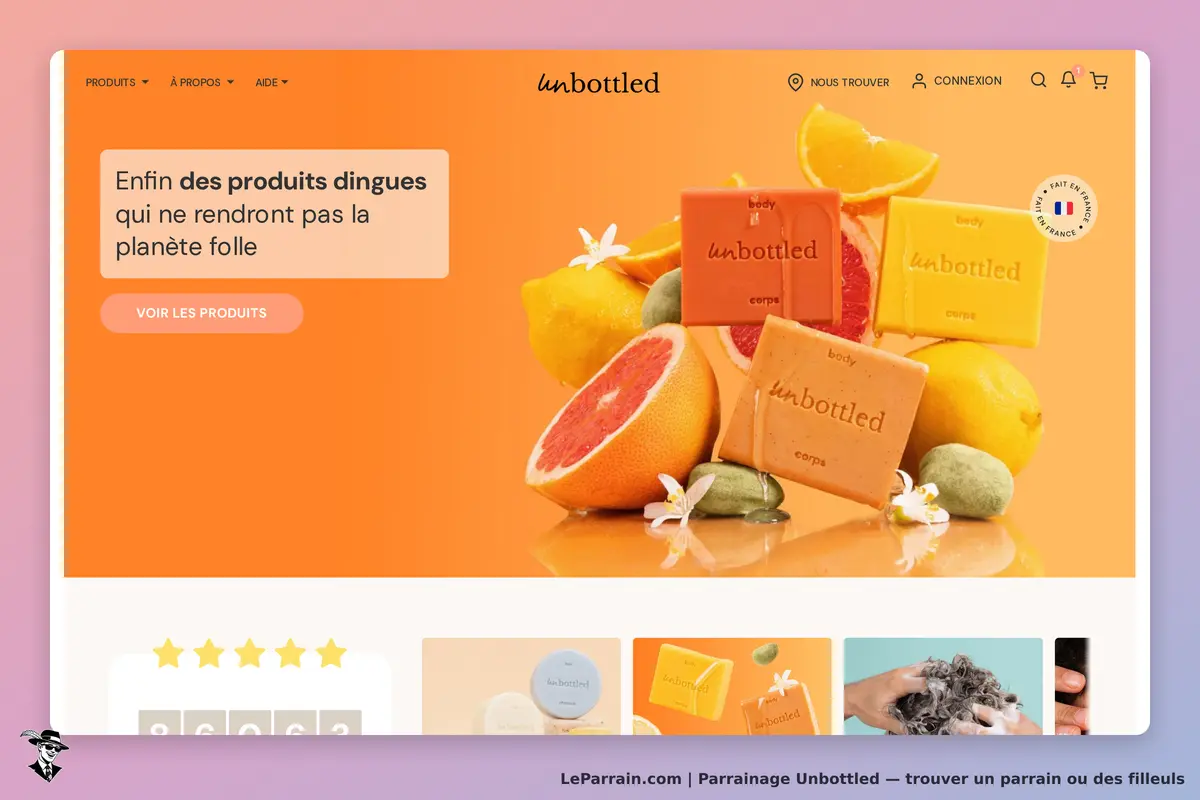 Unbottled : page d'accueil avec des produits et des fruits sur fond orange