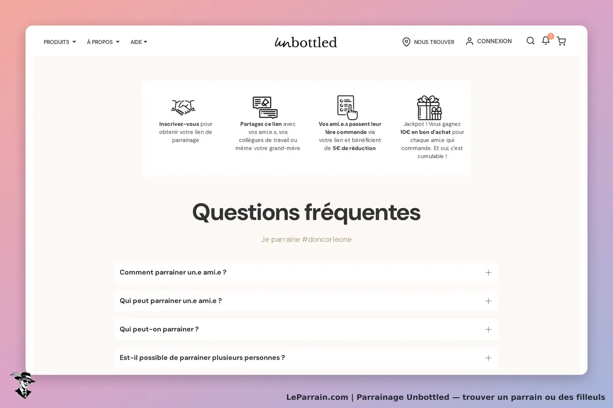 Unbottled : section "Questions fréquentes" avec plusieurs questions sur le parrainage