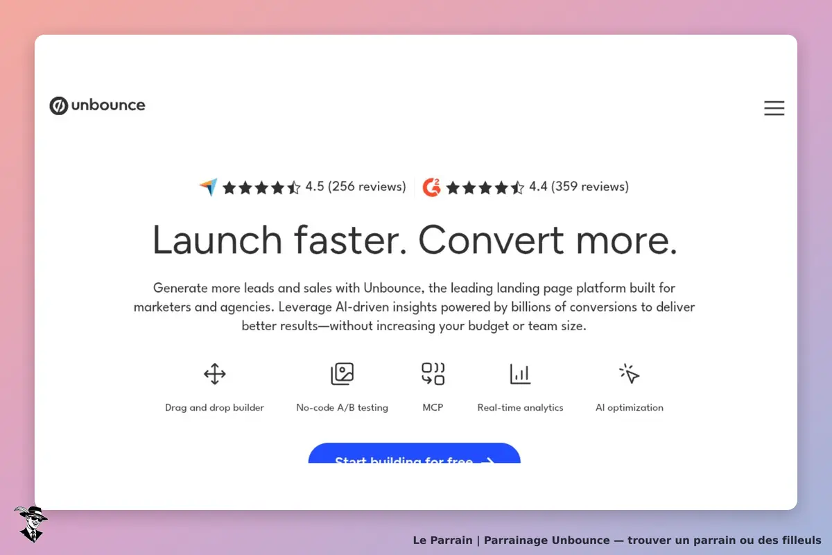 Unbounce : page d'accueil présentant des évaluations et un slogan sur la création de pages