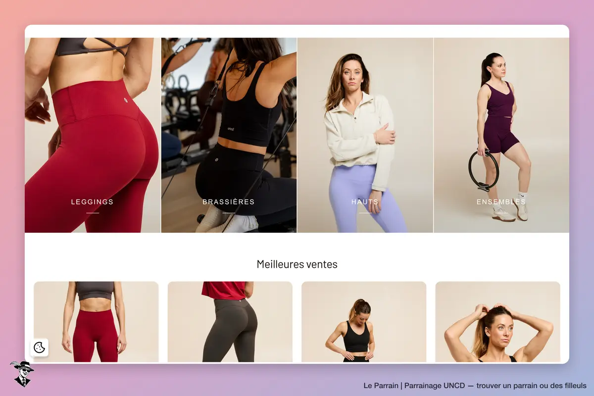 UNCD : catégories leggings, brassières, hauts et ensembles, puis meilleures ventes