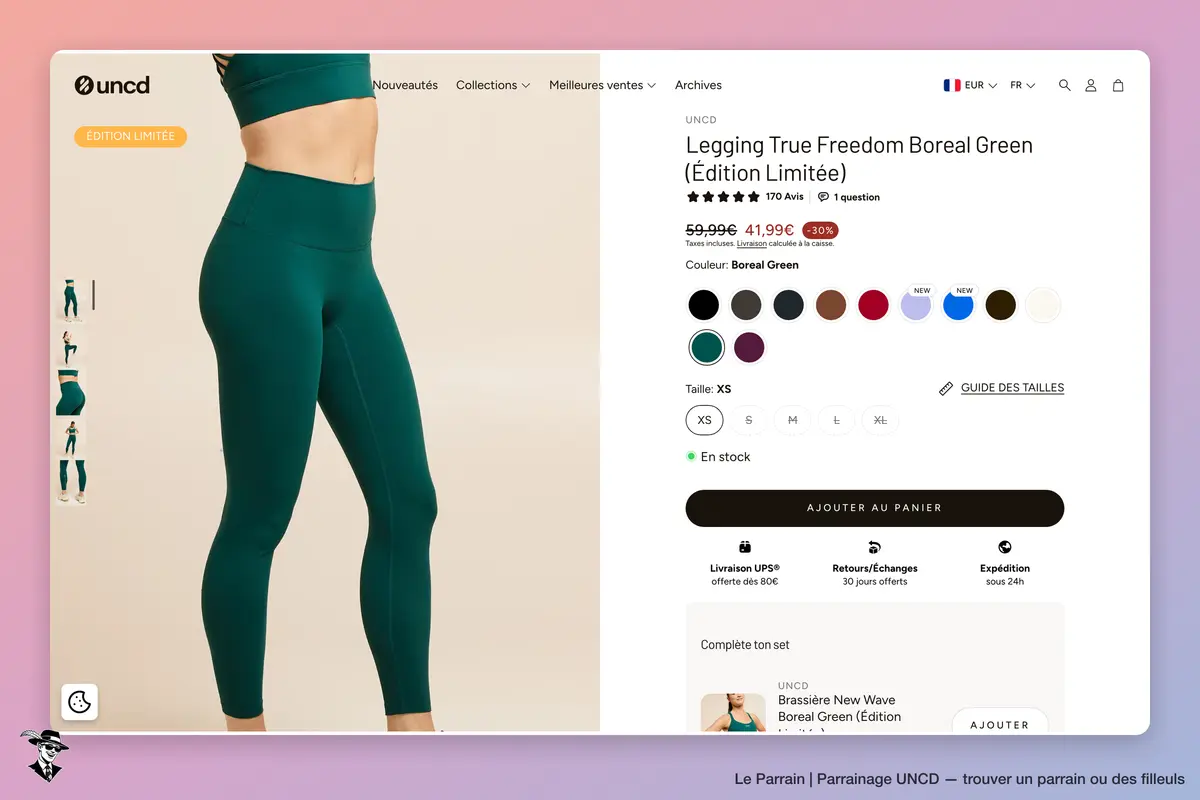 UNCD : fiche du legging True Freedom Boreal Green avec tailles, couleurs et guide des tailles