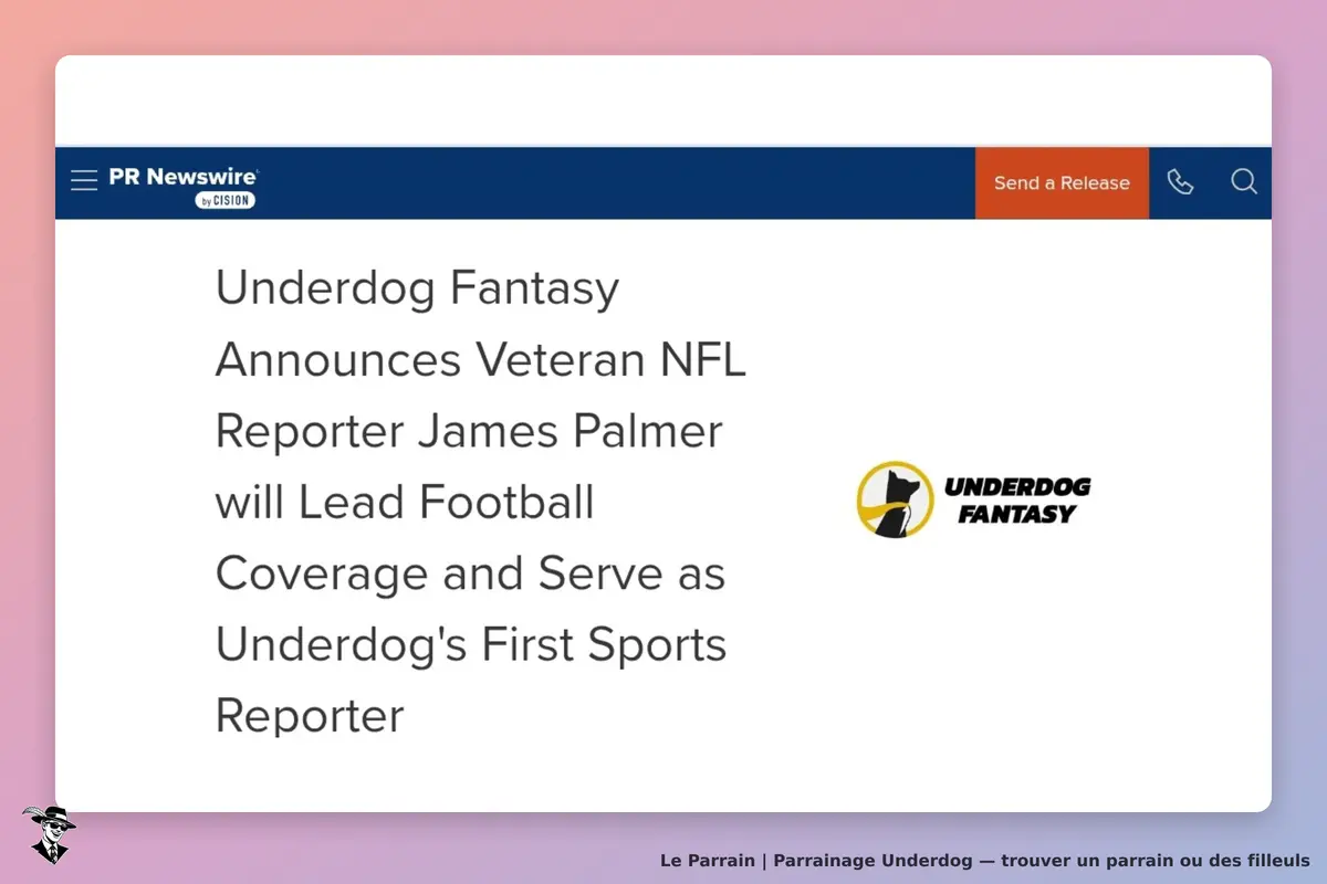 Underdog Fantasy : annonce d'un reporter NFL sur une page d'actualités. Logo visible à droite
