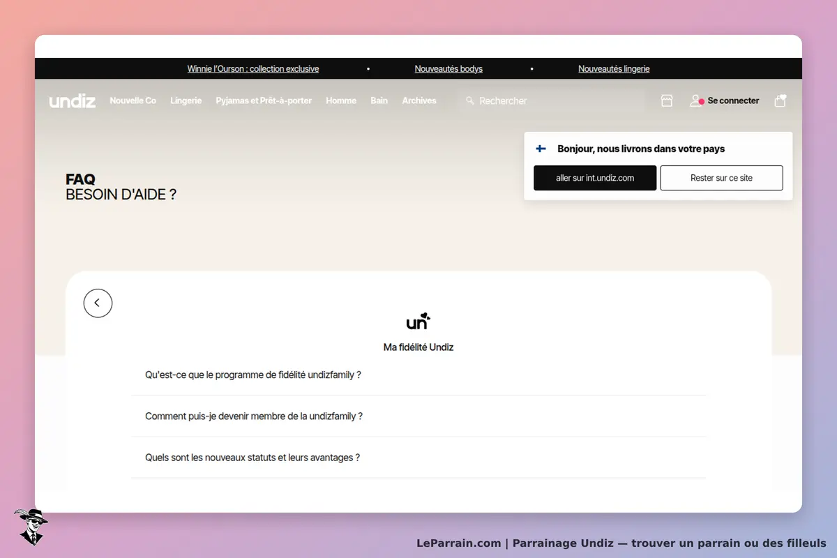 Undiz : page FAQ avec questions sur le programme de fidélité undizfamily