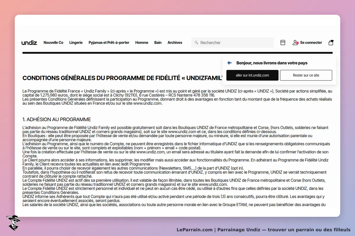 undiz : conditions générales du programme de fidélité Undiz Family affichées sur une page web