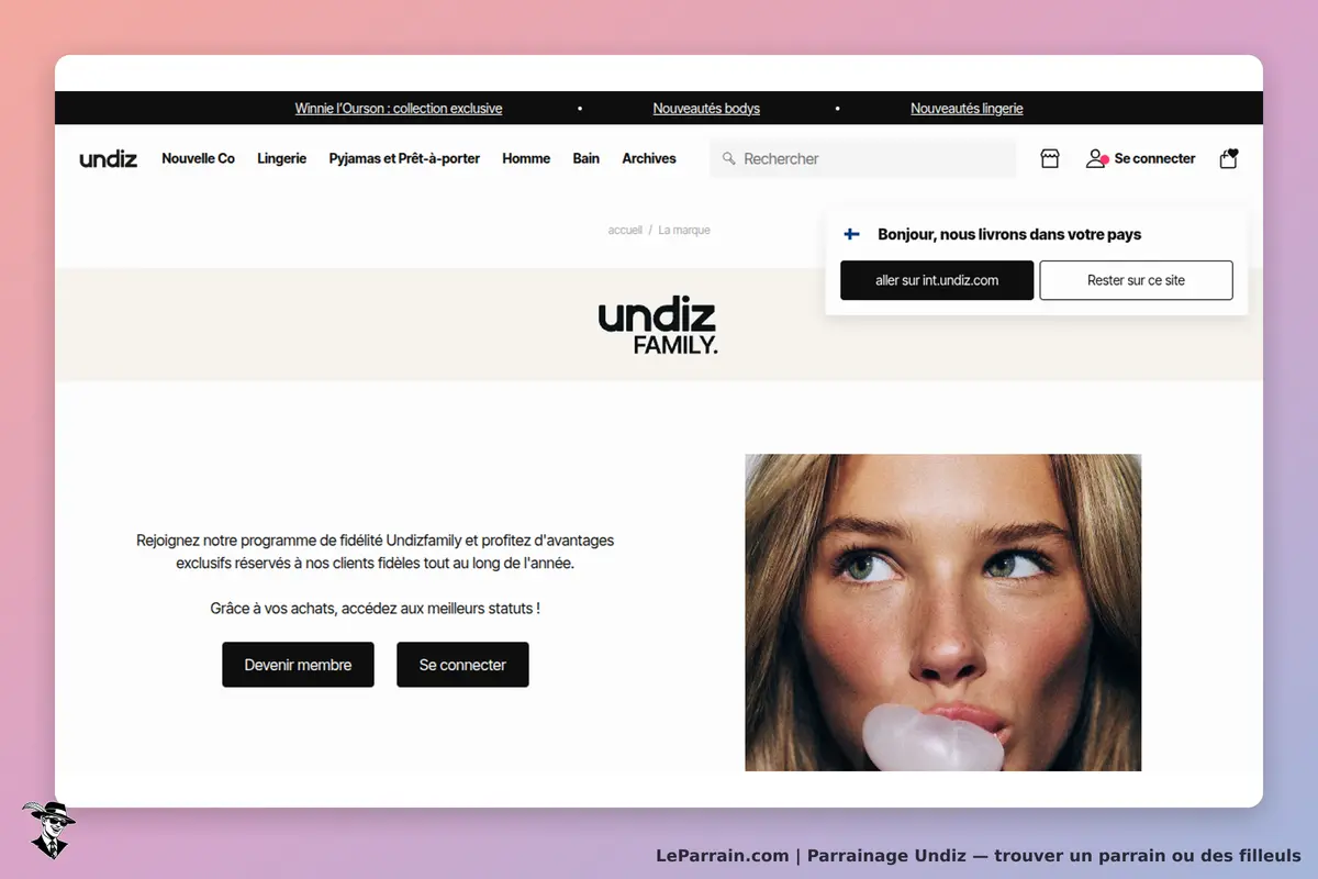 undiz : page d'accueil avec modèle soufflant une bulle de chewing-gum et informations sur la