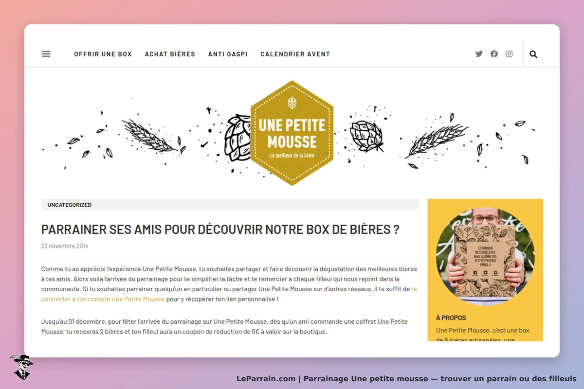 Une Petite Mousse : page d'accueil avec texte sur le parrainage et image d'un homme tenant une box