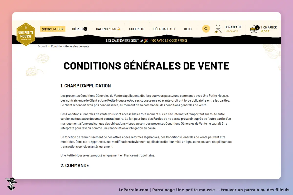 Une Petite Mousse : conditions générales de vente affichées sur la page d'accueil