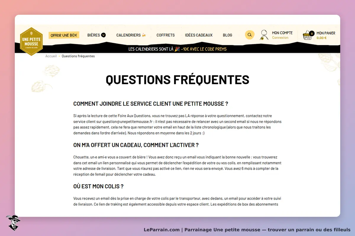 Une petite mousse : page FAQ avec plusieurs questions sur le service client et les cadeaux