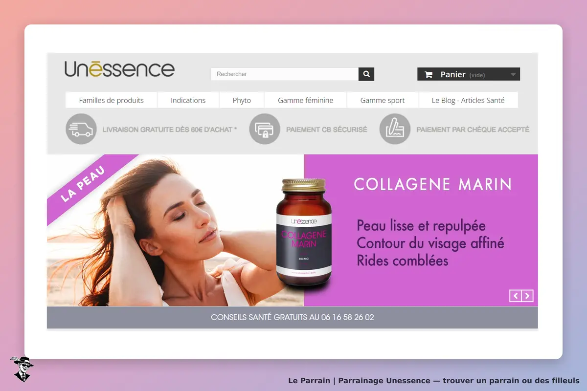 Unessence : page d'accueil avec le produit Collagène Marin et une femme souriante