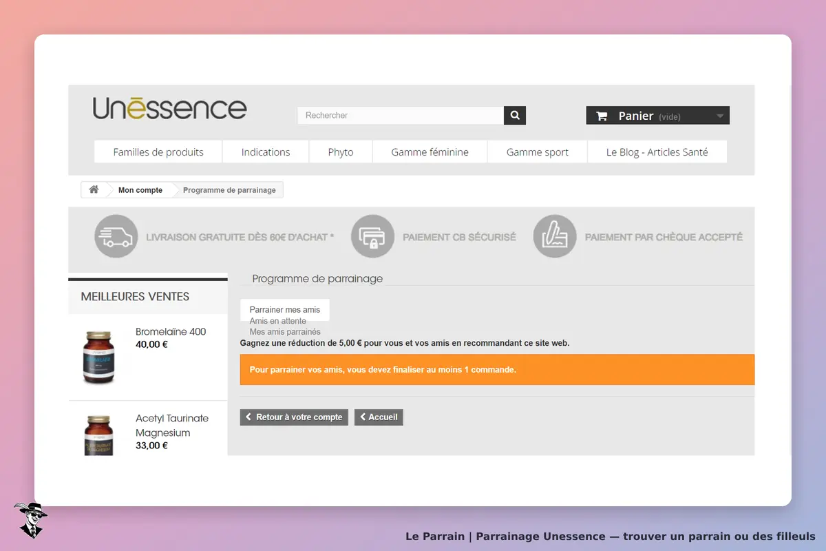 Unessence : page du programme de parrainage avec produits et options de parrainage affichées
