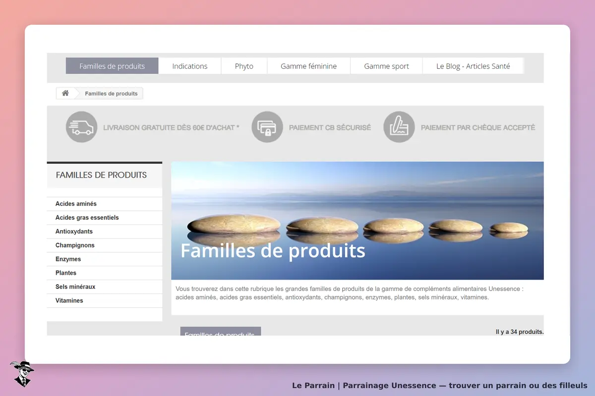 Unessence : page d'accueil avec catégories de produits et image de galets sur fond d'eau
