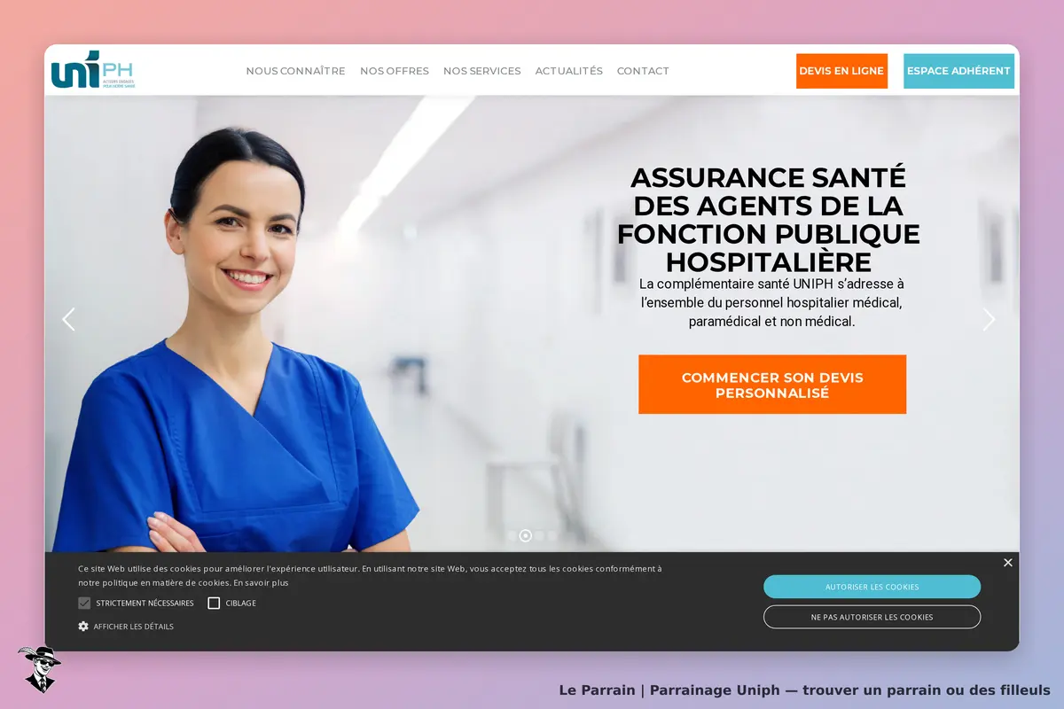 Uniph : page d'accueil avec une femme en blouse bleue et un message sur l'assurance santé