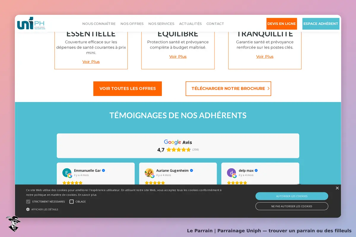 Uniph : page d'accueil avec offres de santé et témoignages d'adhérents, note Google affichée