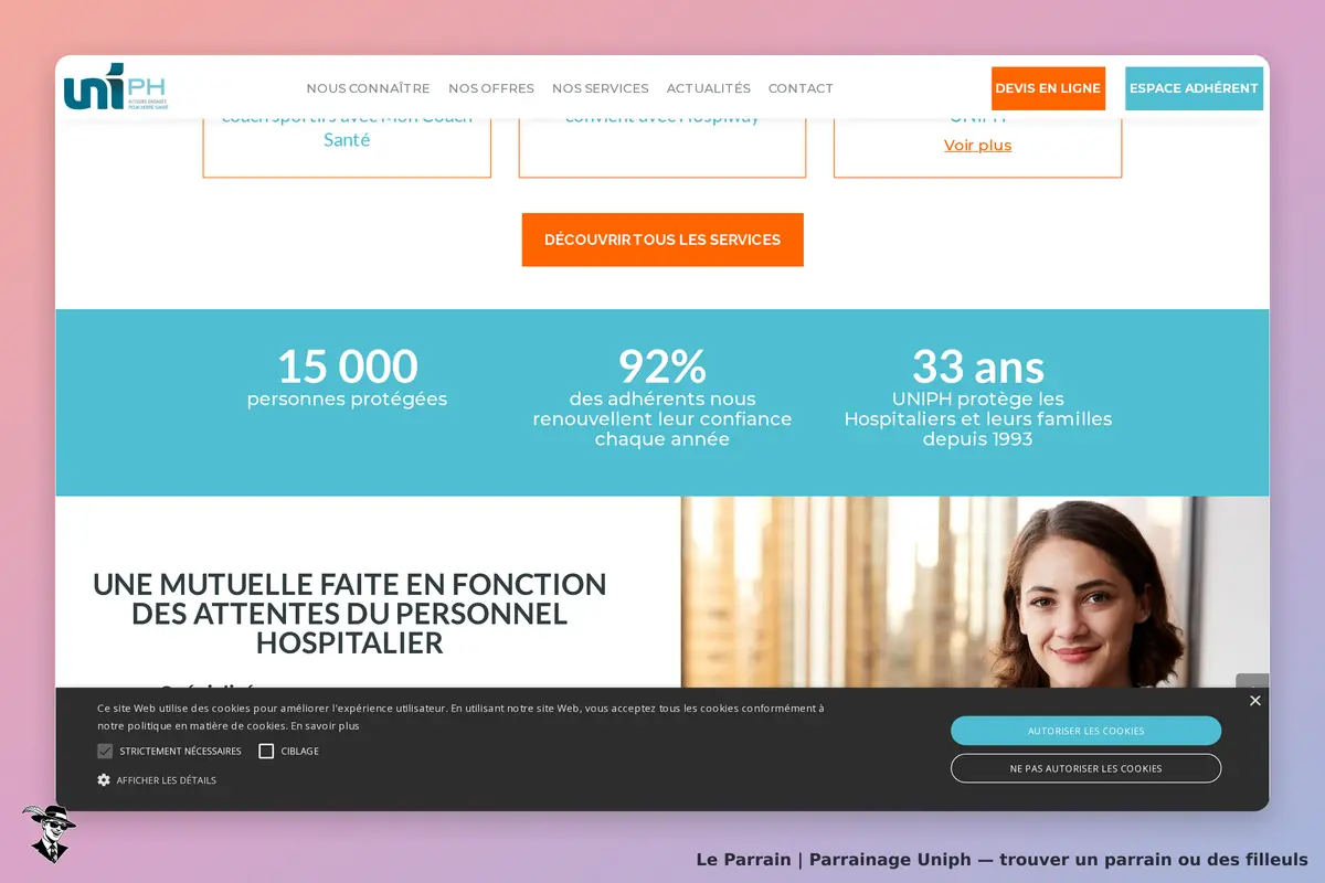Uniph : page d'accueil avec statistiques et message sur la mutuelle pour le personnel hospitalier