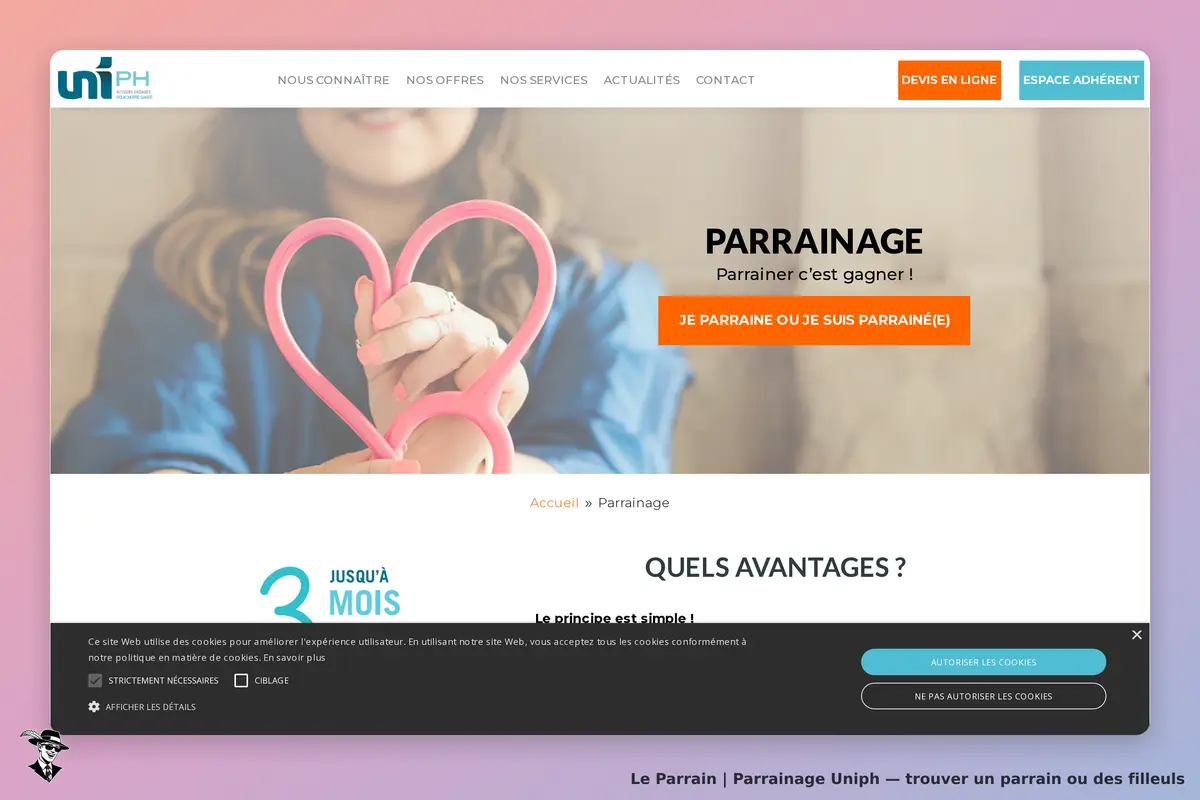 Uniph : page d'accueil sur le parrainage avec un cœur rose et des options de navigation