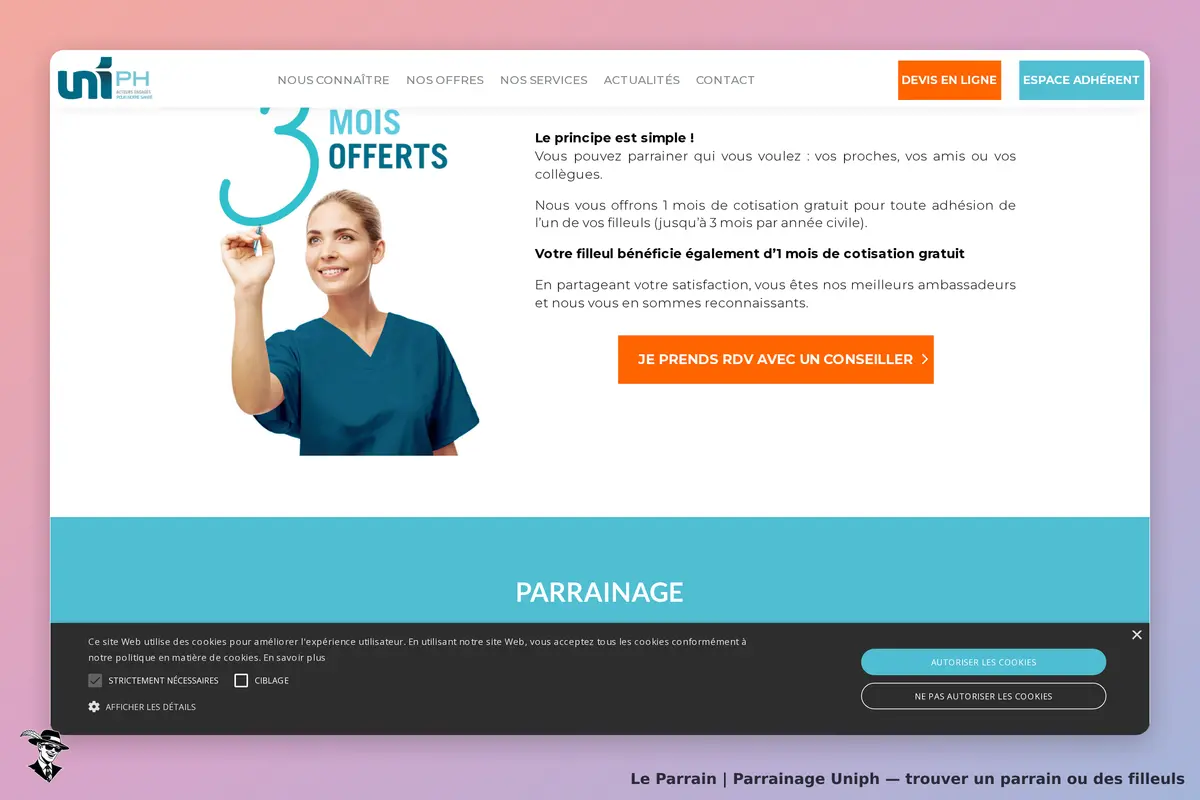 Uniph : page d'accueil avec une femme en blouse, mention de 3 mois offerts et parrainage